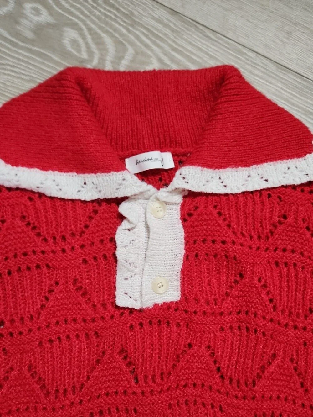 Vintage Retro Jianxima 1981 Red White Scalloped Layered Knit Sweater S/M